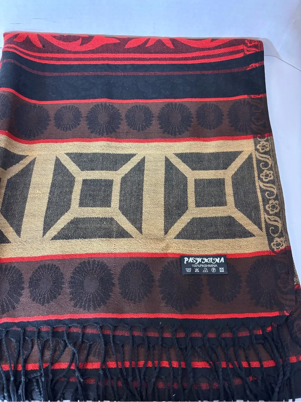 pashmina Black Red and Gold Jacquard Patterned Scarf